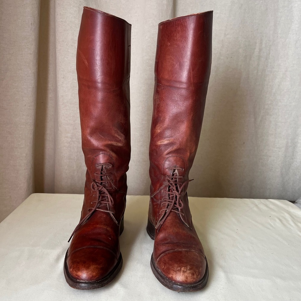 Vintage Burgundy Leather Tall Riding Boots Lace Up Cap Toe Women's‎ 7N